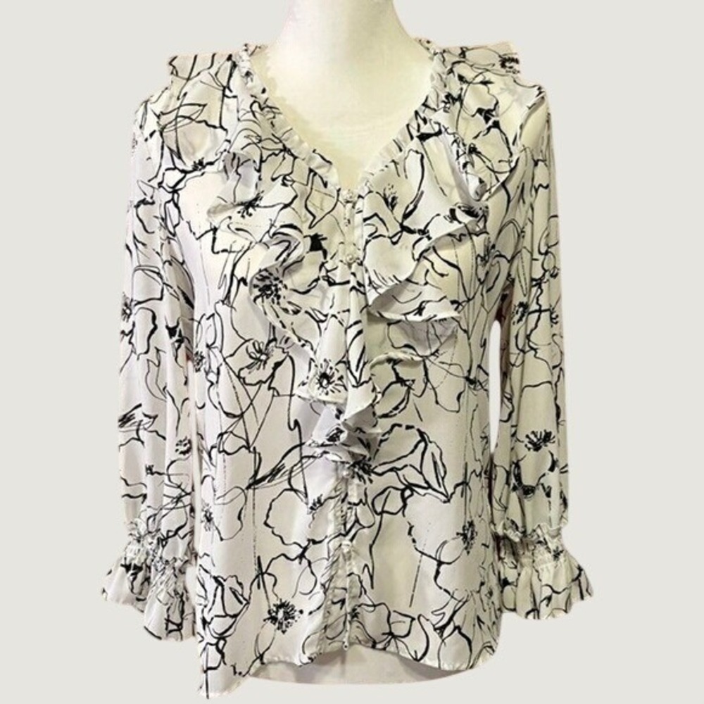 Karl Lagerfeld Paris Womens White Black Floral Ruffle V-Neck Blouse XS